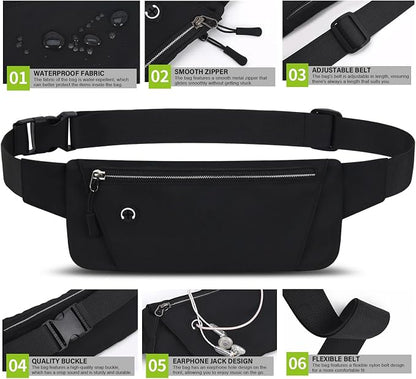 Lightweight Running Belt for Phone with Waterproof Fanny Pack, Adjustable Buckle, and Earphone Port - Store Essentials Snugly for Fitness, Cycling, and Travel, Black, One Size, Sport, XYB-1