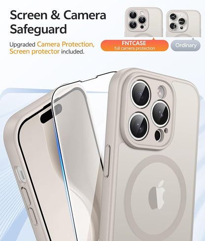 FNTCASE for iPhone 14 Pro Max Case, Fit for Magsafe, Glass Screen Protector | Full Camera Protection, Translucent Matte, 14FT Military Grade Drop Proof, Shockproof Protective Phone Cover, Off White