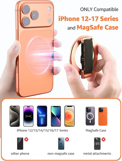 SUPERONE Magnetic Phone Grip with Finger Strap, Removable Magnetic Ring Holder with Kickstand Finger Loop, Accessories for iPhone 17/16/15/14/13/12 Series, Orange