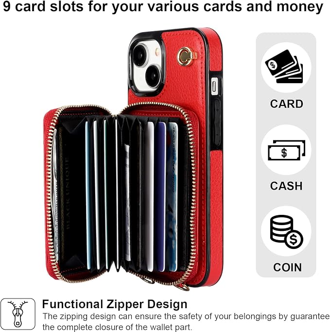 Bocasal Crossbody Wallet Case for iPhone 15, RFID Blocking Leather Purse Case with Card Holder, Protective Handbag Flip Cover with Zipper Wrist Strap Lanyard for Women 5G 6.1 Inch (Red)