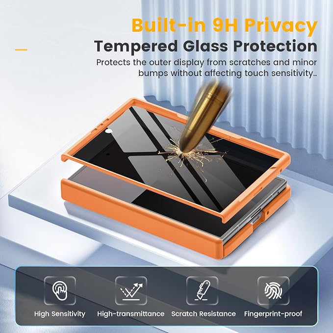 Caka Magnetic for Samsung Galaxy Z Fold 8 Case with Hinge Protection Orange | Compatible with MagSafe, Built-in Outer Screen Protector, Hinge Guard, Translucent Matte Back, 360° Hybrid Drop Defense