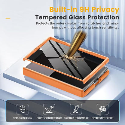 Caka Magnetic for Samsung Galaxy Z Fold 8 Case with Hinge Protection Orange | Compatible with MagSafe, Built-in Outer Screen Protector, Hinge Guard, Translucent Matte Back, 360° Hybrid Drop Defense