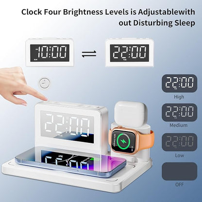 Wireless Fast Charging Station - 7 in 1 Alarm Clock with Wireless Charger Stand - Charging Dock for Apple,for Samsung Galaxy Multiple Devices - for iPhone Watch,for Airpods (White)