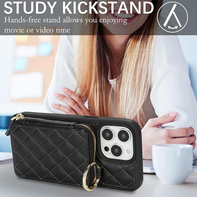 Crossbody Wallet Case for iPhone 14 Pro Max, PU Leather Zipper Handbag Purse Flip Cover, Kickstand Folio Case with Card Slots Holder Wrist Strap Lanyard 5G 6.7 Inch-Black