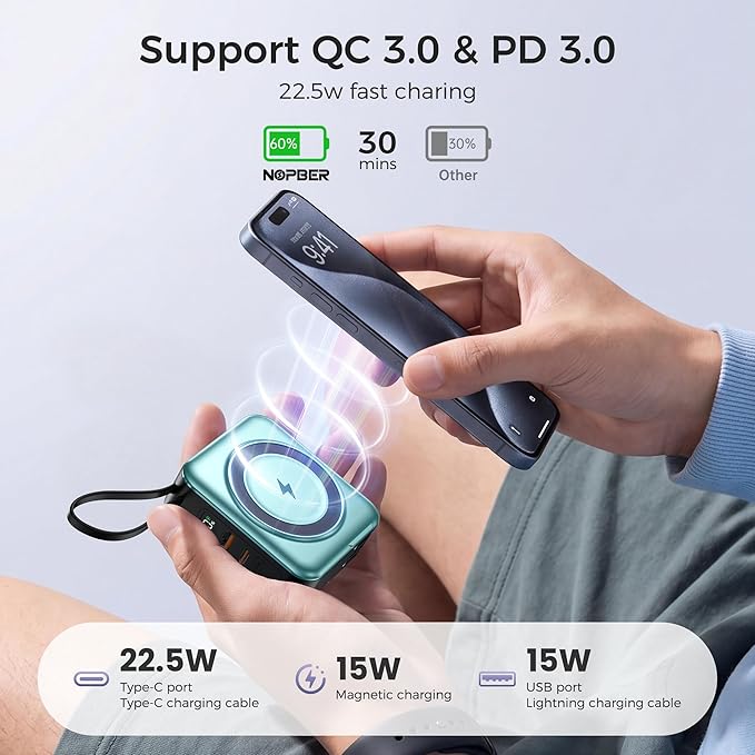 6-in-1 Magnetic Wireless Portable Charger 10000mAh – 22.5W Fast Charging with AC Wall Plug Built-in USB-C & Lightning Cables for iPhone 17/16/15/14/13/12, Android & Samsung(Green)