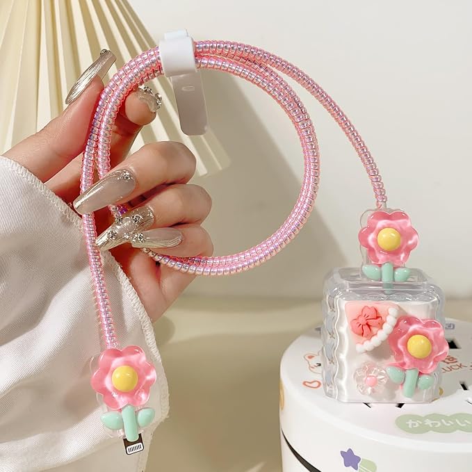 Lovmooful Compatible for iPhone 18W/20W USB-C Charger Cover Clear Lovely 3D Flower Floral Bowknot Design Soft Charger Protector Cute Cable Case Saver Protector for Girls Women-Pink Flower
