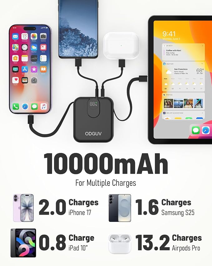 Small Portable Charger with Built-in Cables,22.5W Fast Charging Power Bank,USB-C Mini Battery Pack 10000mAh,Travel Essential Powerbank for iPhone Samsung Android iPad MacBook,Black