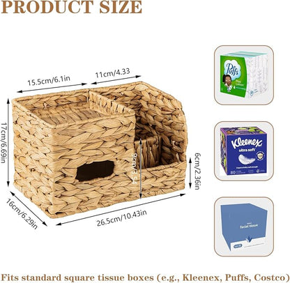 BIBELUN Tissue Box Cover Square with Storage Tray, Multifunction Water Hyacinth Tissue Cube Box Holder, Farmhouse Wicker Remote Control Nightstand Organizer Caddy for Bathroom, Home, Office Decor