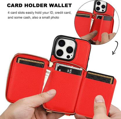 Bocasal RFID Blocking Wallet Case for iPhone 16 Pro, Adjustable Crossbody Zipper Purse Case Card Holder with Kickstand Detachable Wrist Strap, PU Leather Flip Folio Case 6.3 Inch 5G (Red)