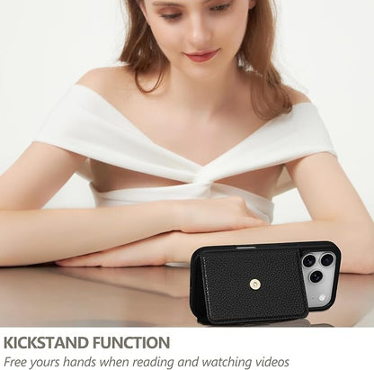 Keallce Wallet Case for iPhone 17 Pro 6.3'', Flip Case with RFID Blocking Card Holder Slots Kickstand, PU Leather Protective Folio Cover for Women, Black