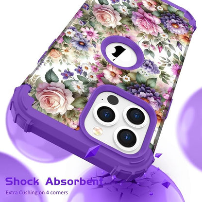 Hocase for iPhone 15 Pro Case, Heavy Duty Shockproof Protection Soft Silicone Rubber Bumper+Hard Plastic Hybrid Protective Case for iPhone 15 Pro 6.1" 2023 - Purple Pink Flowers