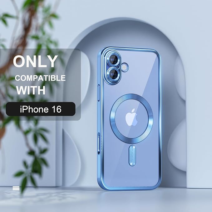 Misea Magnetic for iPhone 16 Case Compatible with MagSafe [Never Yellowing] [Military Grade Drop Protection] Full Camera Lens Protector Plating Soft Clear Phone Case for Women 6.1 inch, Sierra Blue
