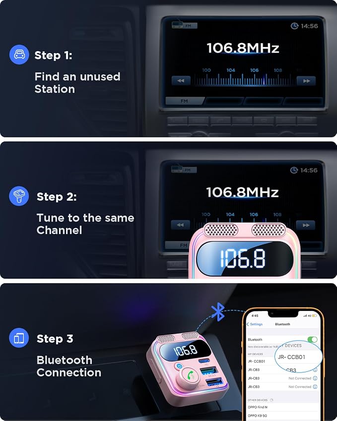JOYROOM Bluetooth 6.0 Car Adapter FM Transmitter 81W Fast Charging Cigarette Lighter Hands-Free Calling Support USB Drive, Pink