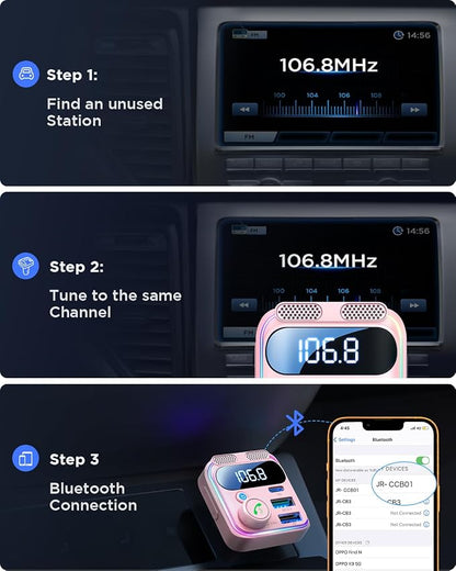 JOYROOM Bluetooth 6.0 Car Adapter FM Transmitter 81W Fast Charging Cigarette Lighter Hands-Free Calling Support USB Drive, Pink
