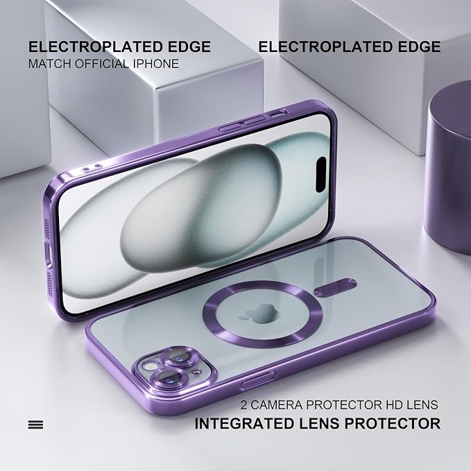 Misea Magnetic for iPhone 15 Plus Case Compatible with MagSafe [Never Yellowing] [Military Grade Drop Protection] Full Camera Lens Protector Plating Soft Clear Phone Case for Women, Purple