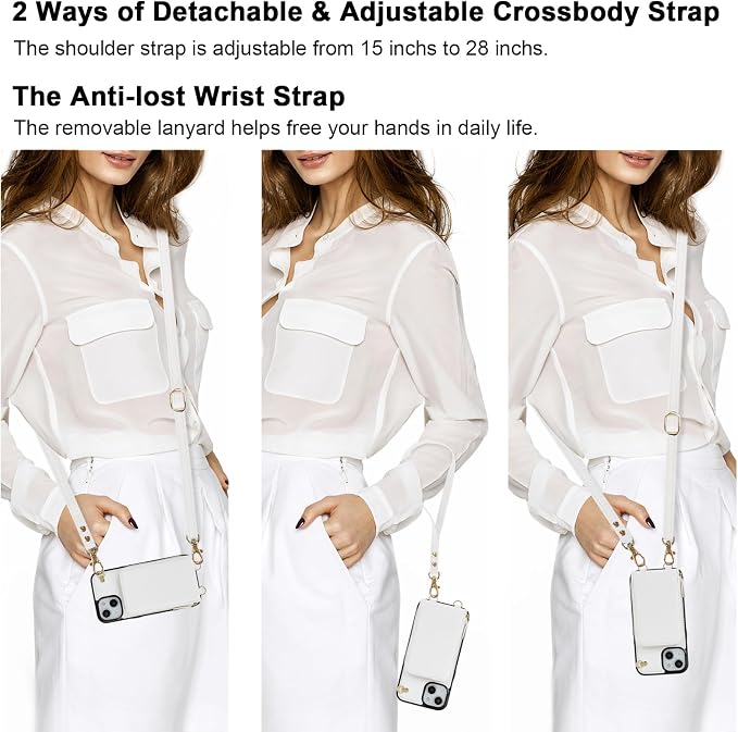 KIHUWEY Crossbody Wallet Case for iPhone 13 iPhone 14, Zipper Pocket Case with Card Holder, PU Leather RFID Blocking Protective Cover Case with Kickstand Detachable Wrist Strap Lanyard 6.1" (White)