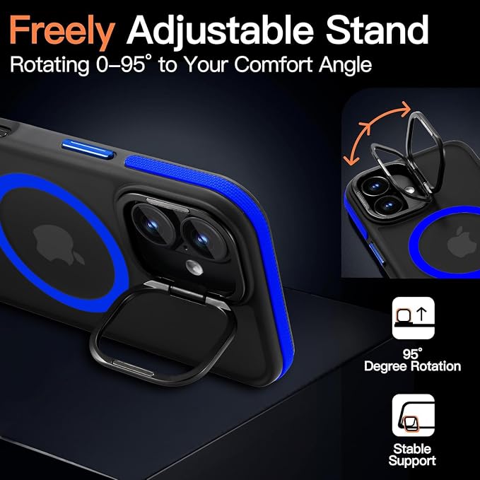 Magnetic case for iPhone 16 [10Ft Military-Grade Protection] Built-in Camera Stand Phone case, Compatible with fit MagSafe Shockproof Slim Thin Cover 6.1 inch,Blue Bumper Stand