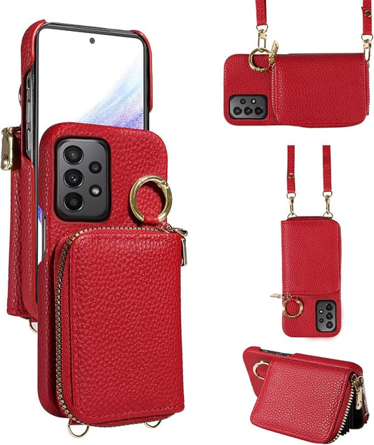 Wallet Case for Samsung Galaxy A53 5G with Shoulder Strap Ring Buckle, PU Leather Zipper Flip Organ Purse, Card Holder Stand Full Body Cell Phone Cover for A 53 G5 53A SM A536U 6.5" 2022 Red