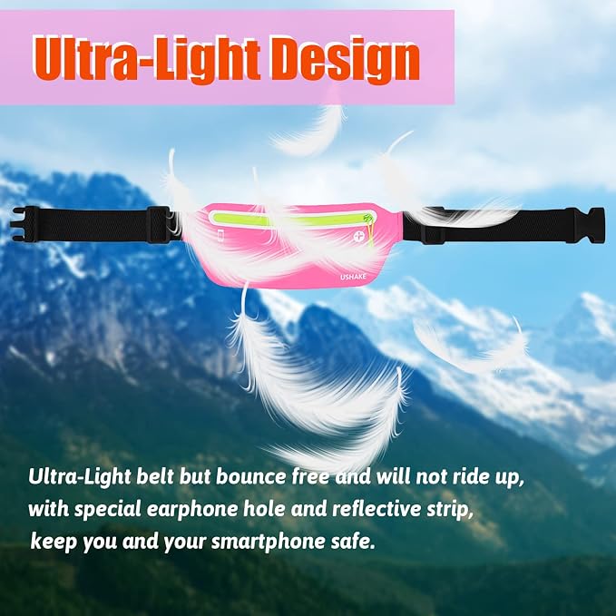 USHAKE Slim Running Belt, Ultra Light Bounce Free Waist Pouch Fitness Workout Belt Sport Waist Pack Exercise Waist Bag for Apple iPhone Samsung in Running Gym Marathon Cycling