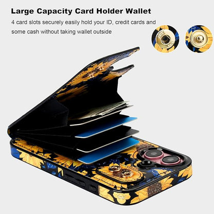 HAOPINSH for iPhone 16 Wallet Case with Card Holder, 360°Rotation Ring Kickstand, Blooming Sunflowers Pattern, RFID Blocking Leather for Girls Women, Protective Cover 6.1"