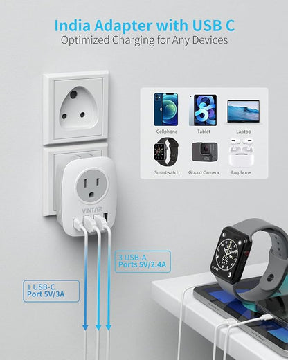 2 Pack US to India Plug Adapter, VINTAR Type D Travel Adapter with 1 USB C, 3 USB Ports and 2 American Outlets, 6 in 1 India Power Adapter for USA to India, Bangladesh, Maldives, Pakistan, Nepal