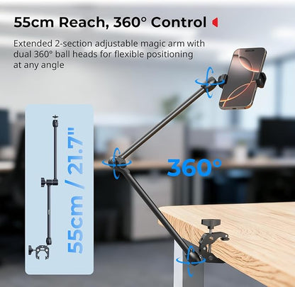 SMALLRIG Desktop Magic Arm Support with Crab-Shaped Clamp Kit, Aluminum Alloy, 24.3x4.5x1.1 in, 0.6lb Payload, for Smartphones, Webcams, Action Cameras, 5624