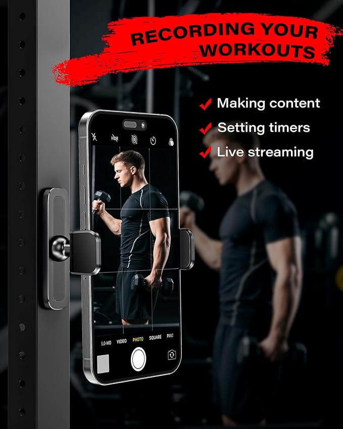 APPS2Car Magnetic Phone Holder for Gym, Alloy Base and Joint for Strong Hold, 360° Adjustable, Compatible with 4.7-6.5 Inch iPhone & Android Phones, Secure Workout Equipment Accessory for Men Women