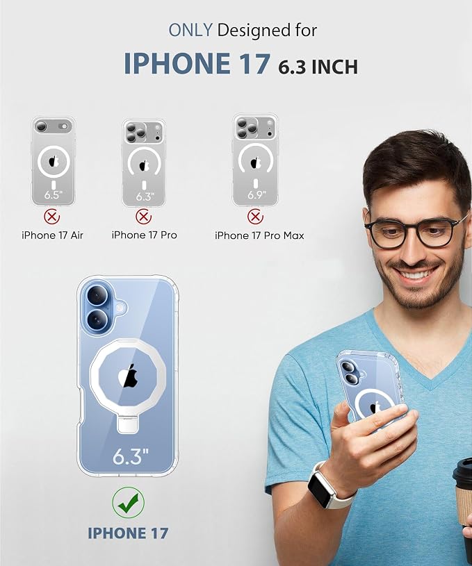 for iPhone 17 Case with Screen Protector, Built-in Seamless Stand, [Compatible with MagSafe] Protective Shockproof Phone Case, Magnetic Slim Cover for iPhone 17 6.3 Inch - Clear