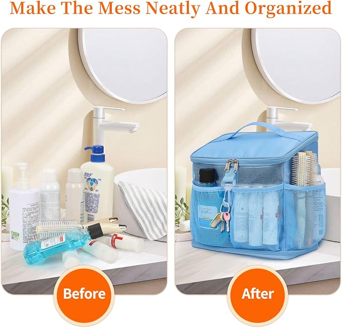 CUBETASTIC Shower Caddy Portable Mesh Shower Tote for Bathroom, Gym, Travel, Camping - Quick Dry Hanging Organizer Toiletry Bag with Handle for College Dorm Room, Men & Women (A# Blue, 9.8")