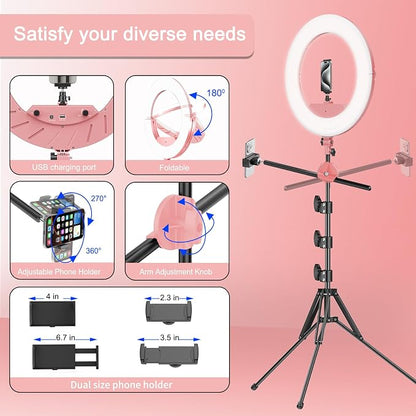 55W18 45cm Ring Light Kit [New Version] 6700K Dimmable LEDRinglightTripod Stand Dual Phone Holder for iPhone Selfie Makeup LashTattoo Studio Lighting Painting,Photo Video Recording (Pink)