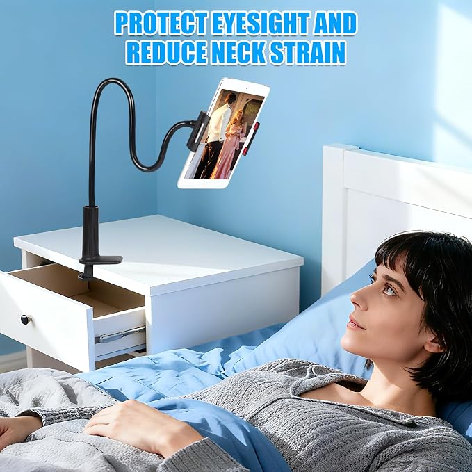 Gooseneck Tablet Holder for Bed, Tablet Stand Clamp Flexible Long Arm Adjustable Lazy Bracket for Desk Phone Mount, Compatible with iPad mini, for Kindle, for Switch, for All 4" - 9" Devices