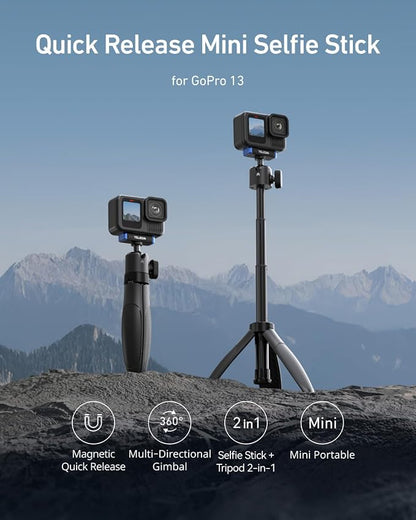 TELESIN 40cm/15.7'' Mini Selfie Stick Tripod Compatible with Gopro 13 Action Camera, Magnetic Quick Release Selfie Handle Grip,360° Adjustable Portable Extension Monopod for Go Pro Hero 13 Accessories