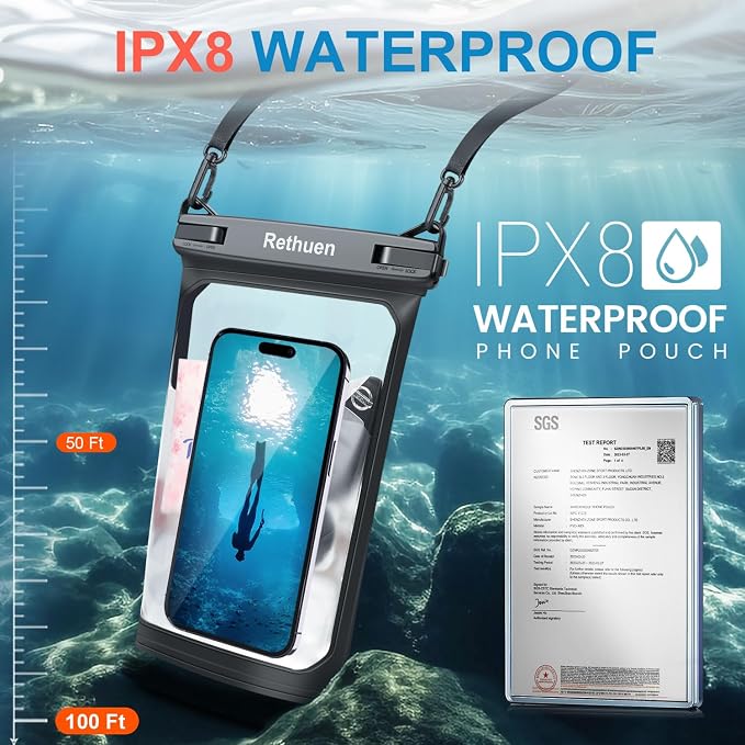 Large Waterproof Phone Pouch, 2Pack Floating Waterproof Bag for iPhone 17 16 15 Pro Max Galaxy S26 S25 S24 Ultra All Phones, Cell Phone Dry Bag for Beach Swimming Rafting Boating (Black + Black)