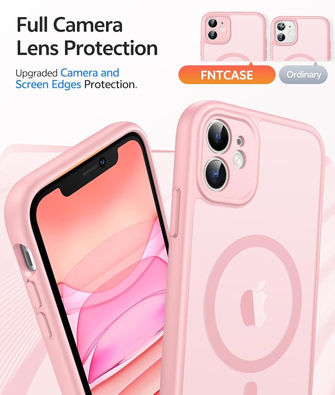FNTCASE for iPhone 11 Case: [Compatible with Magsafe] Translucent Matte Magnetic Cases [Full Camera Protection] Military Grade Shockproof Protective Phone Cover - Light Pink