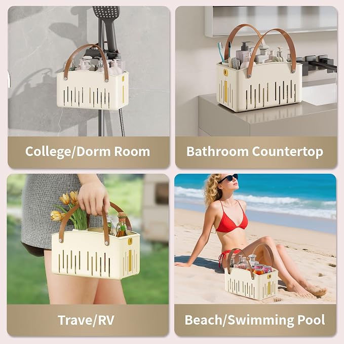 Portable Shower Caddy,Foldable Shower Caddy with Handle and Adjustable Divider,Plastic Shower Storage Basket,Quick Dry Bathroom Shower Organizer Bin for College,Dorm Room,Travel Essentials(Cream)