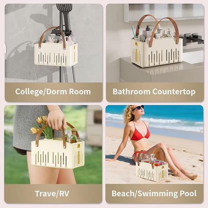 Portable Shower Caddy,Foldable Shower Caddy with Handle and Adjustable Divider,Plastic Shower Storage Basket,Quick Dry Bathroom Shower Organizer Bin for College,Dorm Room,Travel Essentials(Cream)