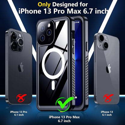 SPIDERCASE Magnetic for iPhone 13 Pro Max Case Waterproof,Built-in Screen & Camera Lens Protector[IP68 Underwater] [Military Grade Shockproof] Full Body Protection Phone Case,Black/Clear