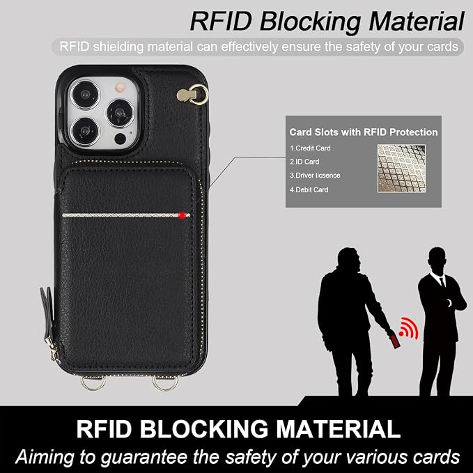 Bocasal Crossbody Wallet Case for iPhone 15 Pro Max, RFID Blocking Leather Purse Case with Card Holder, Protective Handbag Flip Cover with Zipper Wrist Strap Lanyard for Women 5G 6.7 Inch (Black)