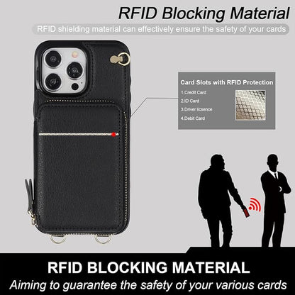 Bocasal Crossbody Wallet Case for iPhone 15 Pro Max, RFID Blocking Leather Purse Case with Card Holder, Protective Handbag Flip Cover with Zipper Wrist Strap Lanyard for Women 5G 6.7 Inch (Black)