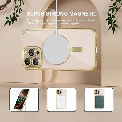 Misea Magnetic for iPhone 16 Pro Max Case Compatible with MagSafe [Never Yellowing] [Military Grade Drop Protection] Full Camera Lens Protector Plating Soft Clear Phone Case for Women, Titanium Gold