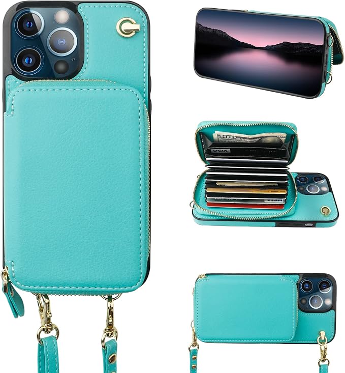 Bocasal Crossbody Wallet Case for iPhone 13 Pro Max, RFID Blocking Leather Purse Case with Card Holder, Protective Handbag Flip Cover with Zipper Wrist Strap Lanyard for Women 5G 6.7 Inch (Mint Green)