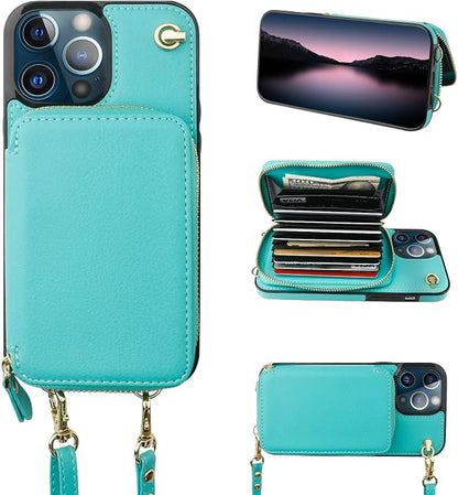 Bocasal Crossbody Wallet Case for iPhone 13 Pro Max, RFID Blocking Leather Purse Case with Card Holder, Protective Handbag Flip Cover with Zipper Wrist Strap Lanyard for Women 5G 6.7 Inch (Mint Green)