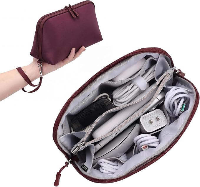 FYY Travel Cable Organizer - 8 Compartments, Lightweight, Water Repellent | With Wrist Strap, Portable Tech Pouch for Cord Charger, Travel and Business Trips Use, Soft Shell Nylon, Wine Red (Large)