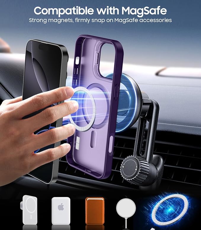 for iPhone 16 Pro Max Case, Compatible with MagSafe, Built-in Camera Ring Stand, with Individual Camera Cover, Translucent Matte Military-Grade Drop Protection Magnetic Case, Purple