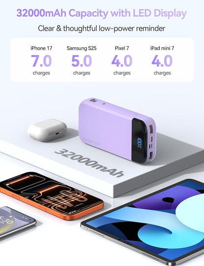 Portable Charger Power Bank Built-in Cables, 32000mAh 22.5W USB C Fast Charging, 5 Outputs 3 Inputs Travel Essentials Battery Pack Compatible with iPhone, iPad, Samsung, Google Pixel, Purple