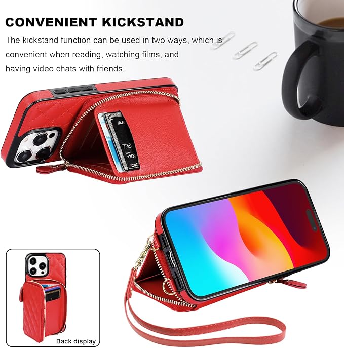 Bocasal Crossbody Wallet Case for iPhone 15 Pro Max, RFID Blocking PU Leather Zipper Handbag Purse Flip Cover, Kickstand Folio Case with Card Slots Holder Wrist Strap Lanyard 5G 6.7 Inch (Red)