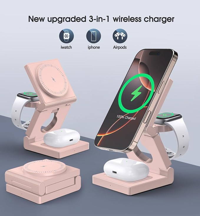 3 in 1 Wireless Charging Station for Apple Multple Devices - Foldable Magnetic Wireless Charger Dock -Travel 18W Charging Pad for iPhone 16 15 14 13 12 Pro/Pro Max/Plus/Watch & Airpods All Series Red