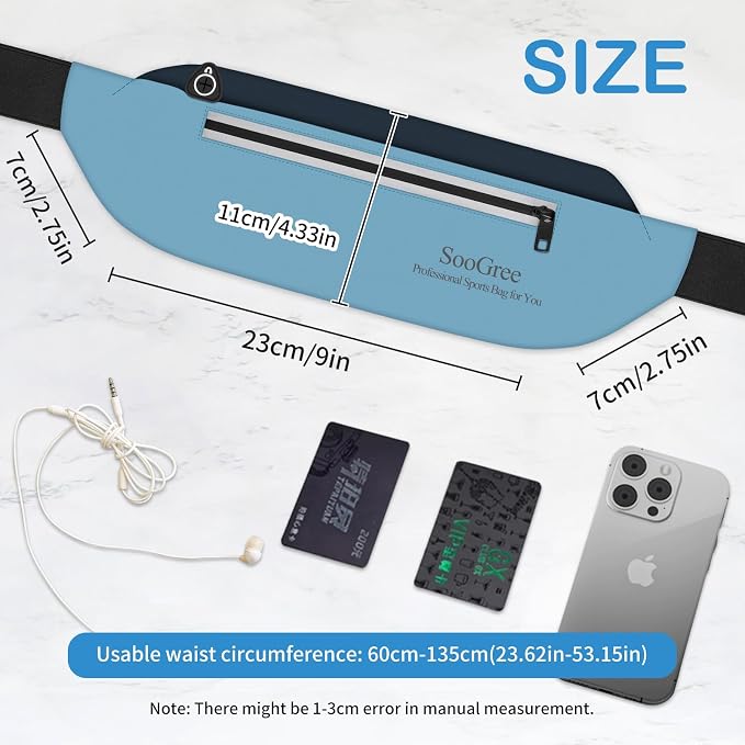 SooGree Running Waist Pack for Men Women, Lightweight Waterproof Sports Belt Bag, Phone Running Pouch, Night Reflective Fitness Storage Bag for Running Cycling Hiking Traveling (Lake Blue/Blue)
