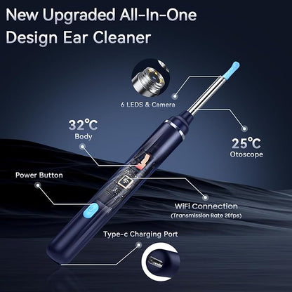 Ear Wax Removal Tool Camera, Ear Cleaner with Camera, 1080P HD Ear Camera and 6 LED Light, Ear Wax Removal Kit with 6 Ear Pick, 6 Pcs Ear Set, Ear Camera Wax Removal for iOS & Android, Blue