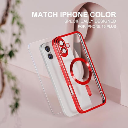 Misea Magnetic for iPhone 16 Plus Case Compatible with MagSafe [Never Yellowing] [Military Grade Drop Protection] Full Camera Lens Protector Plating Soft Clear Phone Case for Women 6.7", Red